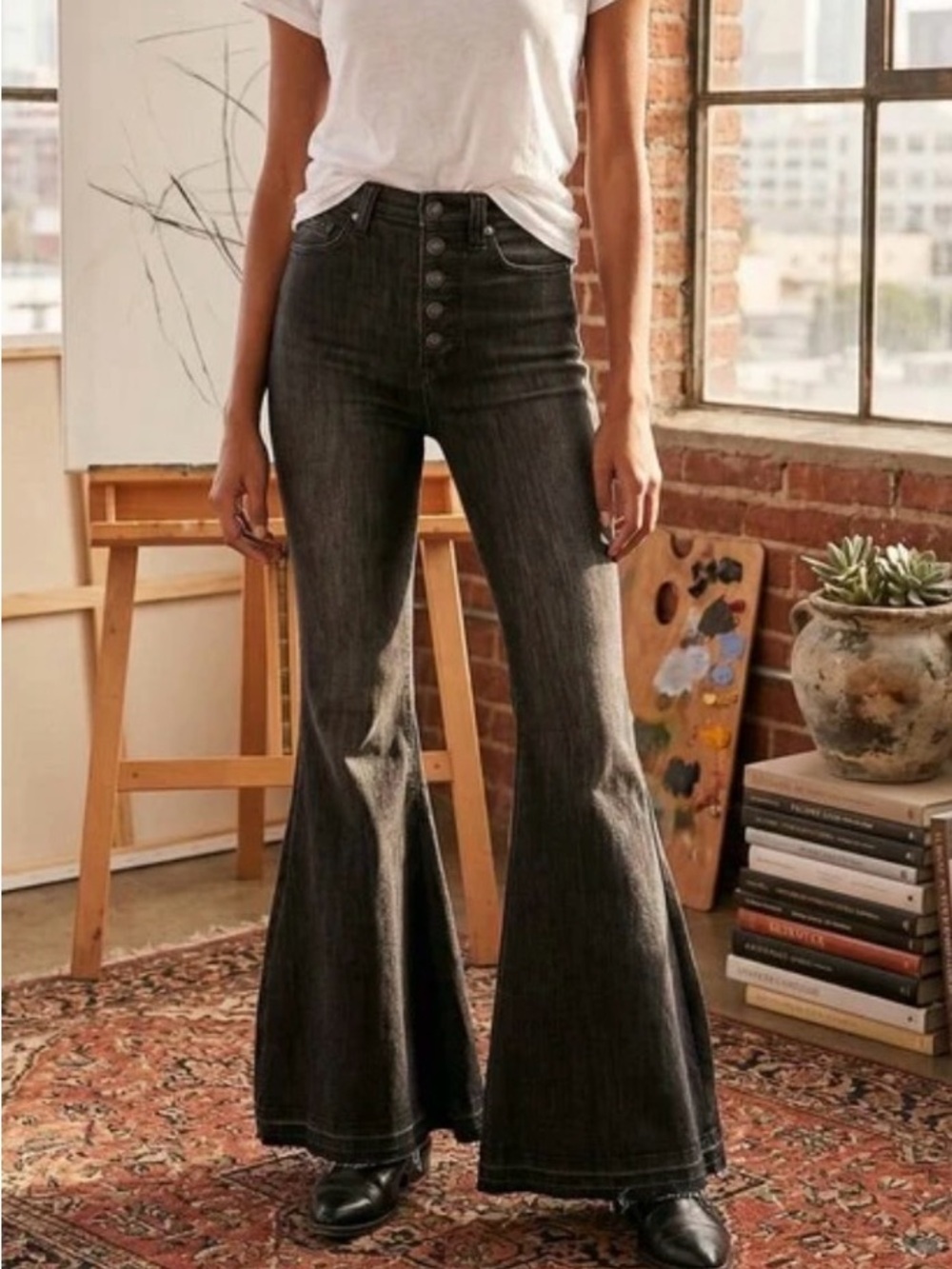 Free People High-Waist Black Flare Jeans, button fly